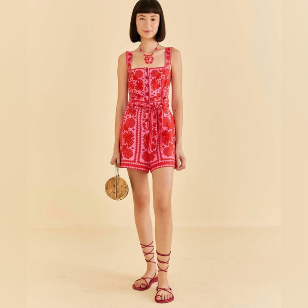 Farm Rio Red Jungle Scarf Romper | M | NEW!!